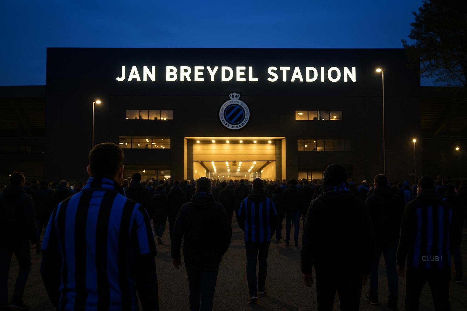Avondbeeld rond het Jan Breydelstadion in Brugge in aanloop naar een Champions League-wedstrijd