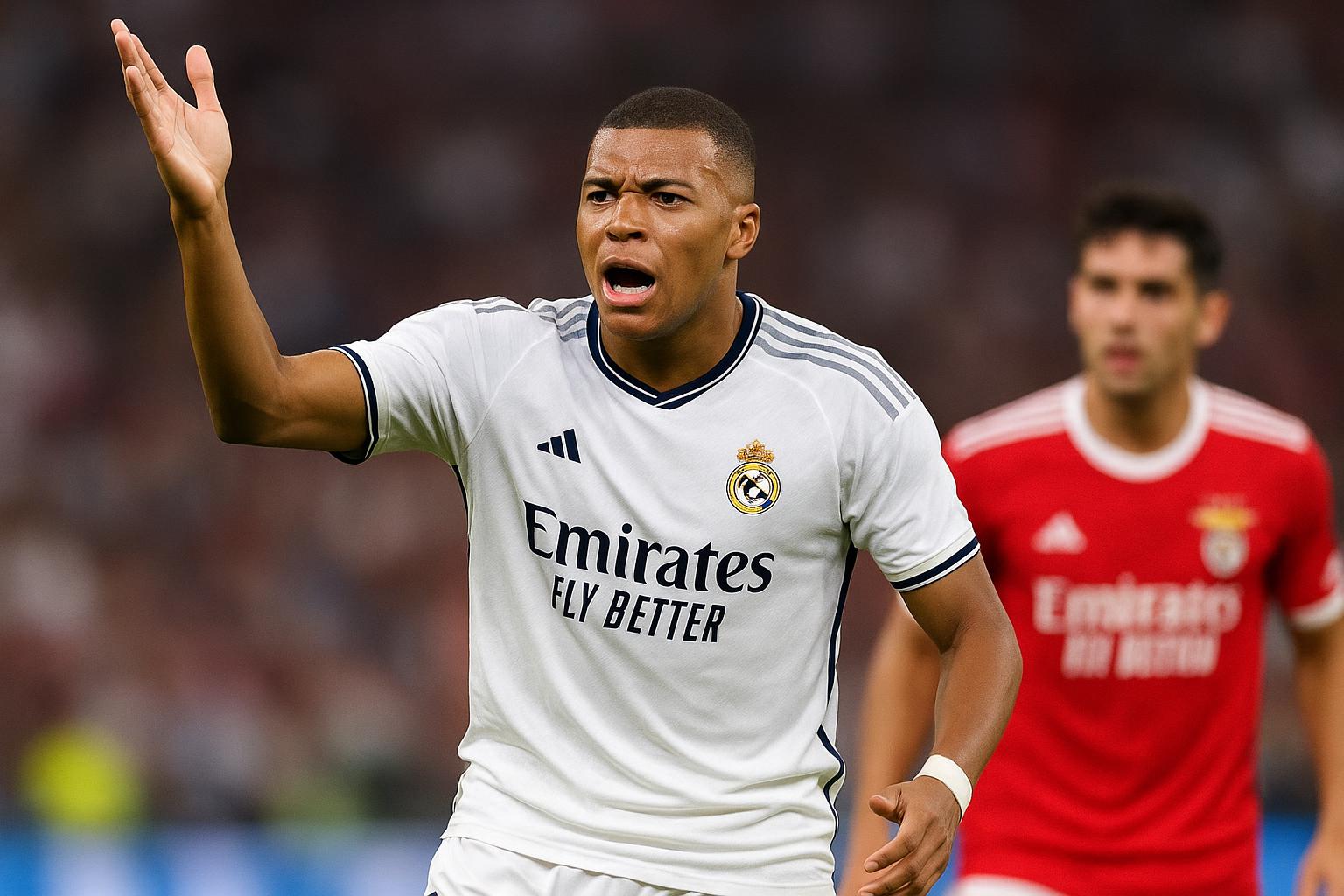 Kylian Mbappé reageert tijdens Real Madrid tegen Benfica in de Champions League