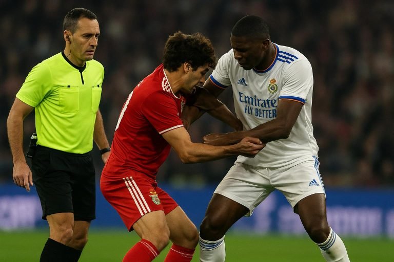 Spelmoment tijdens Benfica tegen Real Madrid in Lissabon met spelers in duel en de scheidsrechter op de achtergrond