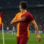 Noa Lang viert een doelpunt voor Galatasaray met de hand op het hart