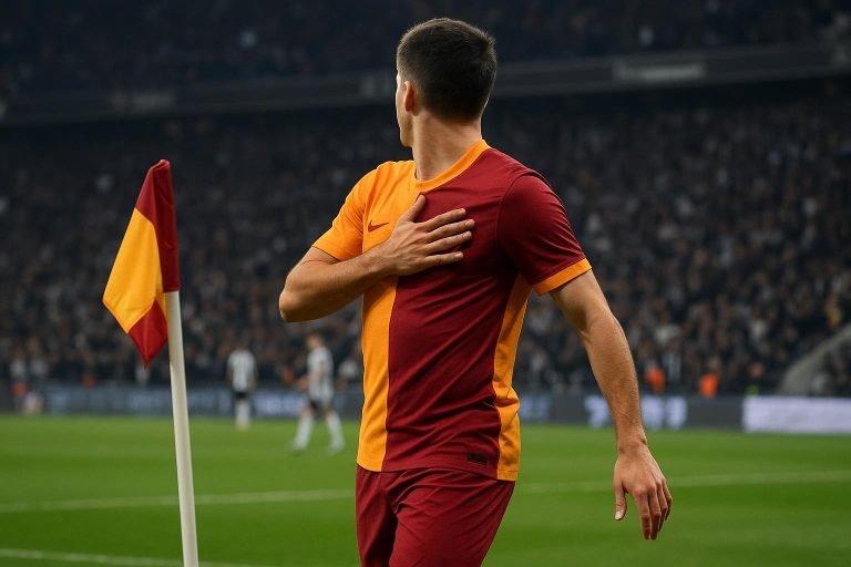 Noa Lang viert een doelpunt voor Galatasaray met de hand op het hart