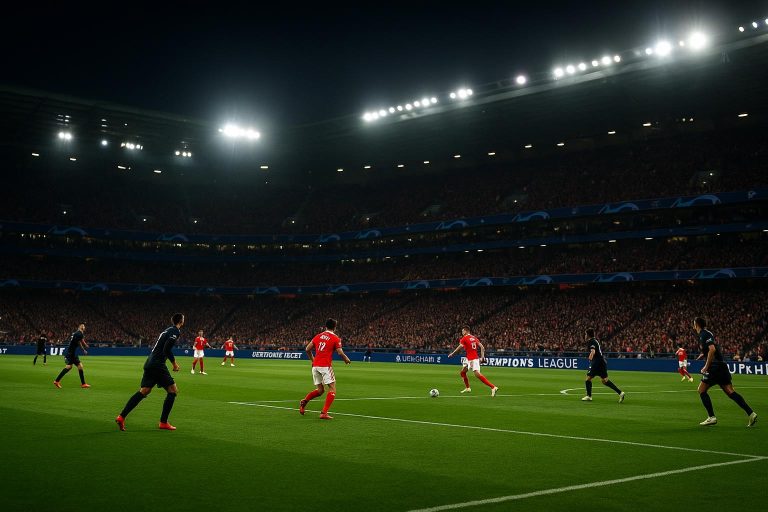 Avondbeeld in een stadion tijdens Benfica tegen Real Madrid, met spelers in de achtergrond zonder herkenbare gezichten