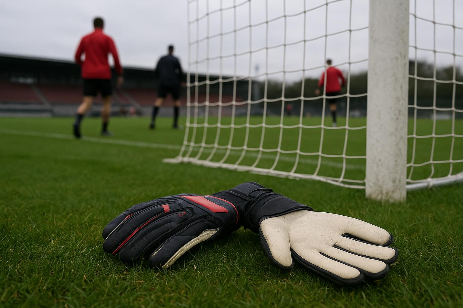 Keeperssituatie bij de Rode Duivels op training, met focus op doelmond en handschoenen zonder herkenbare gezichten