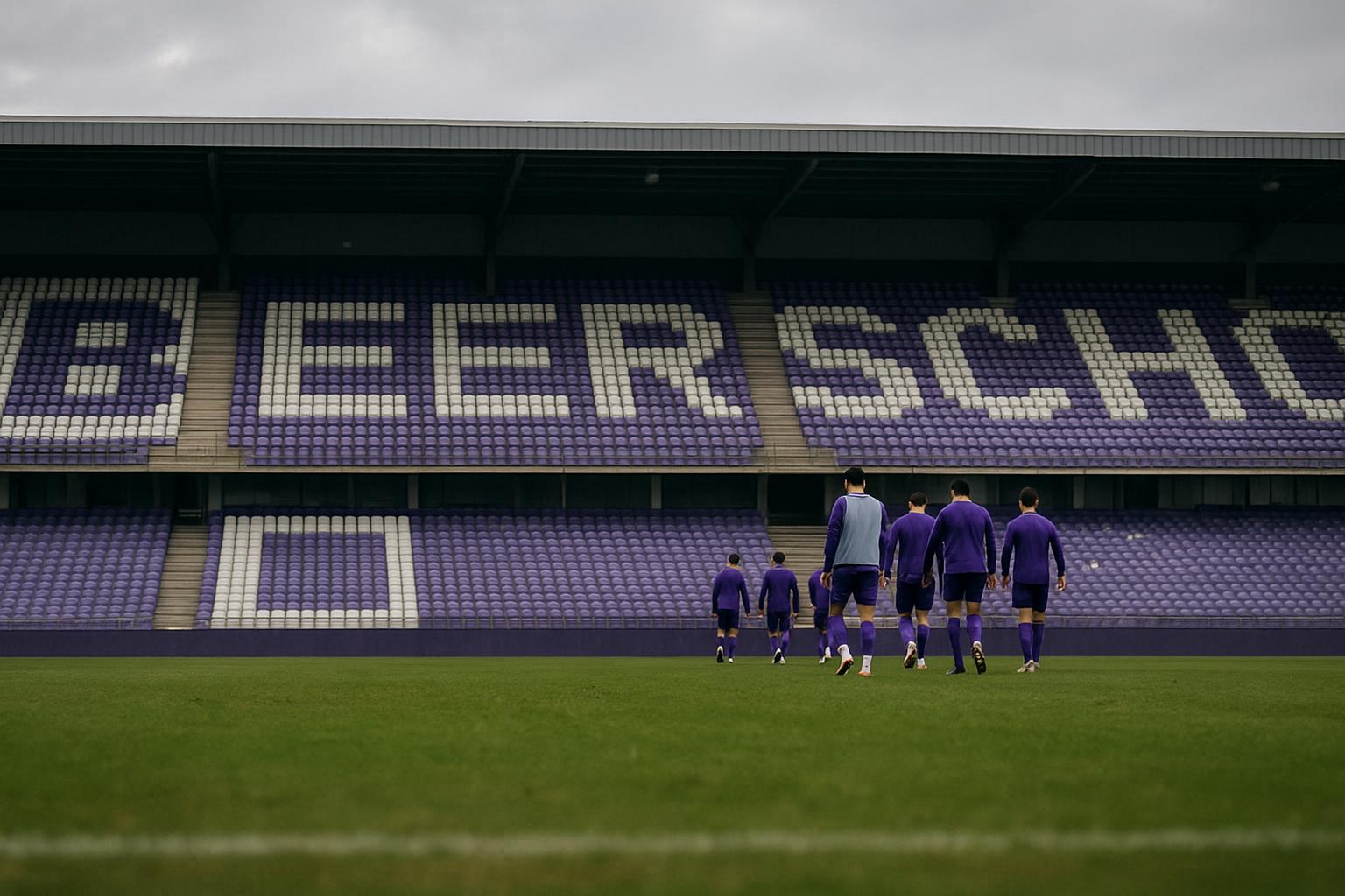 Sfeerbeeld rond het stadion van Beerschot op het Kiel met spelers op de achtergrond