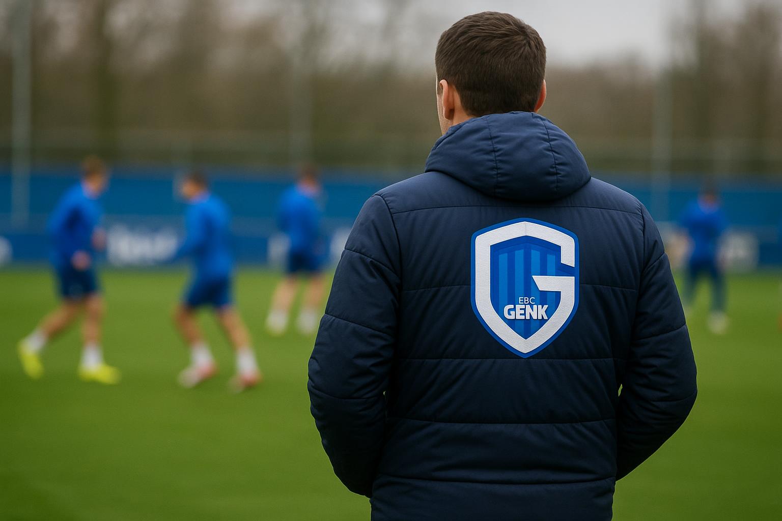 Nicky Hayen tijdens een moment van overleg bij KRC Genk in aanloop naar een Europese wedstrijd.