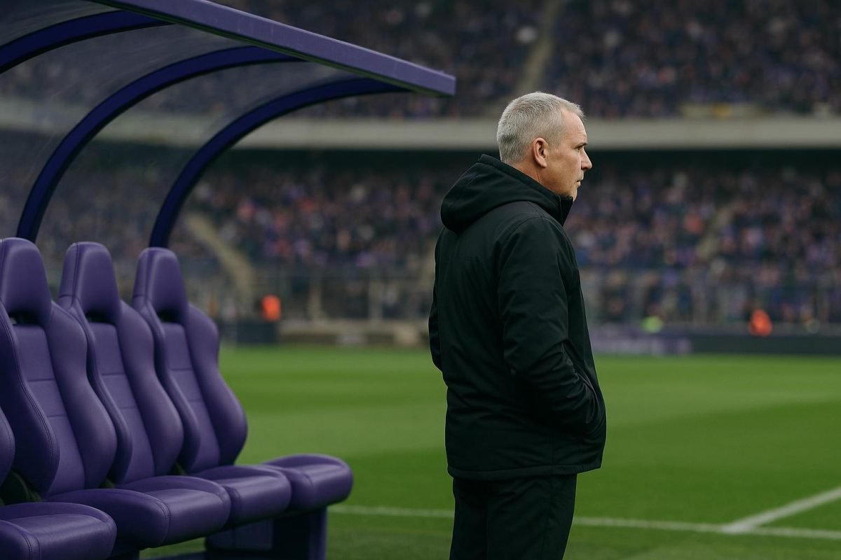 Interimcoach Jérémy Taravel op de bank van RSC Anderlecht in het Lotto Park