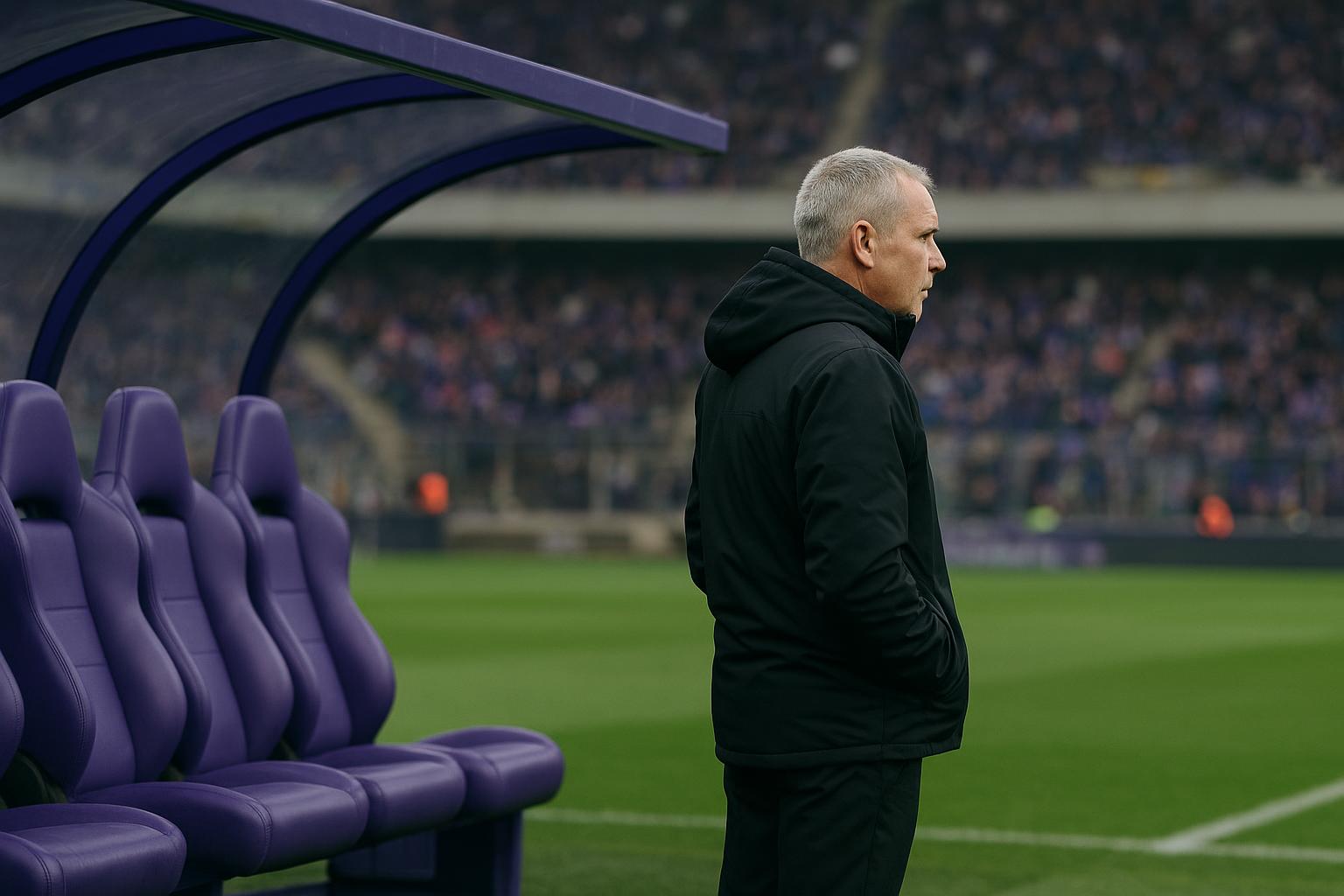 Interimcoach Jรฉrรฉmy Taravel op de bank van RSC Anderlecht in het Lotto Park