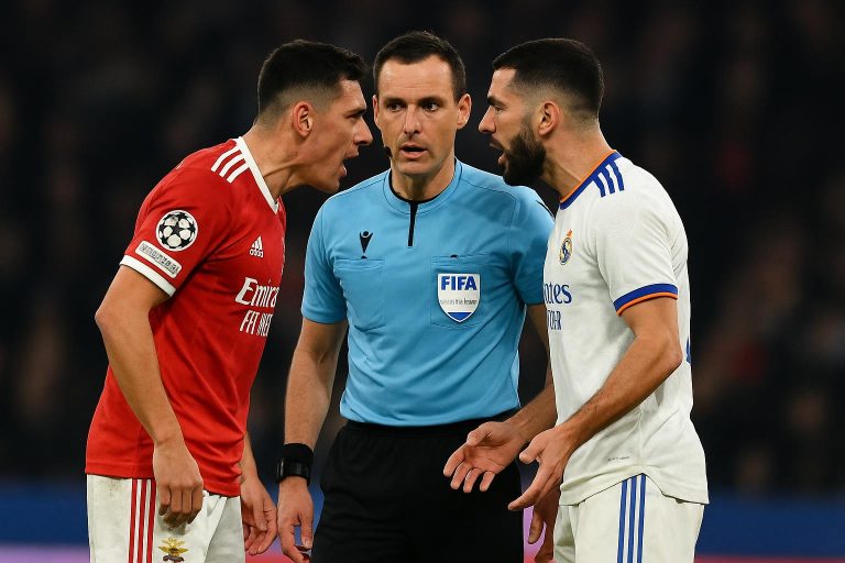 Spelers van Benfica en Real Madrid in discussie tijdens een Champions League-wedstrijd