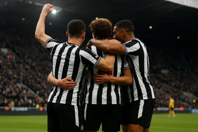 Spelers van Newcastle United vieren een doelpunt op verplaatsing in de Champions League.
