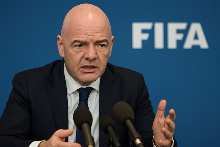Gianni Infantino reageert in een perscontext na een vermeend racisme-incident rond Vinícius Júnior