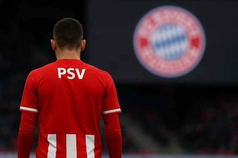Paul Wanner in actie in een wedstrijdcontext, met PSV-kleuren en een neutrale stadionachtergrond
