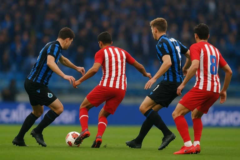 Spelers van Club Brugge in het Jan Breydelstadion tijdens de match tegen Atlético Madrid