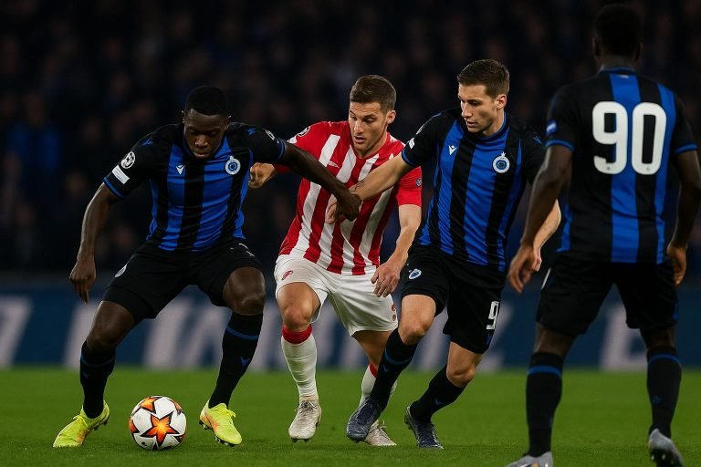 Spelers van Club Brugge vieren een doelpunt tijdens een Europese avond in het Jan Breydelstadion.
