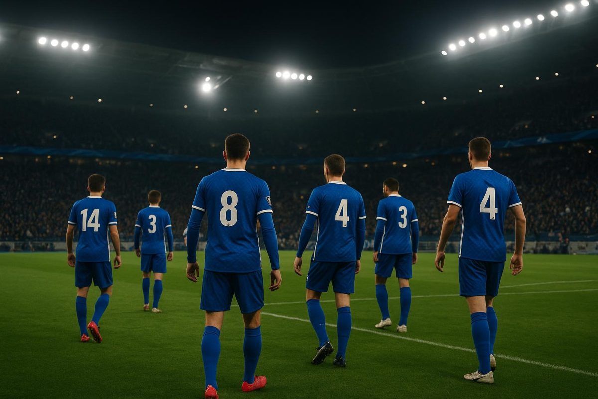 Sfeerbeeld in en rond het stadion bij een Europese match van KRC Genk, met spelers als onherkenbare silhouettes