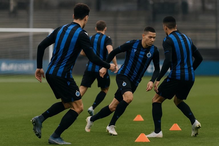 Spelers van Club Brugge op training in aanloop naar een Europese wedstrijd, met focus op het middenveld.