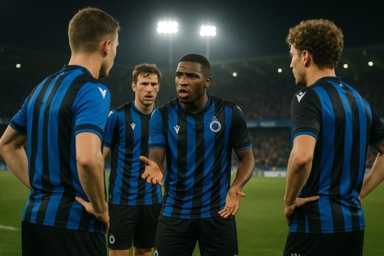 Brandon Mechele van Club Brugge reageert na de 3-3 tegen Atlético Madrid in het Jan Breydelstadion