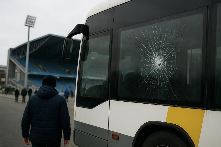 Een De Lijn-bus in Brugge bij avondlicht, met aandacht voor een beschadigd zijraam zonder herkenbare gezichten.