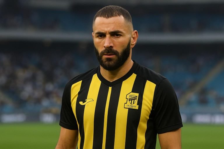 Karim Benzema in wedstrijdtenue van Al Ittihad tijdens een duel in Saudi-Arabië