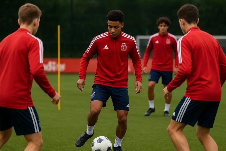 Jorthy Mokio en Rayane Bounida van Ajax tijdens een trainingsmoment