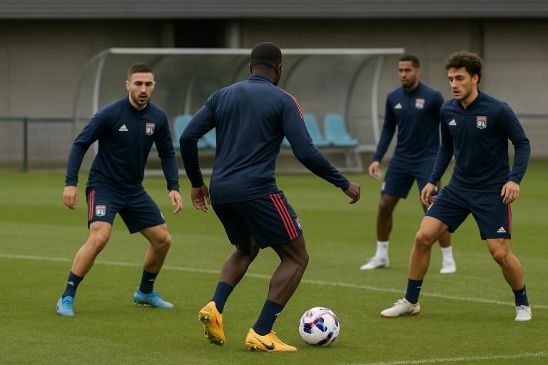 Omgeving rond een training van Olympique Lyon terwijl Malick Fofana zijn terugkeer voorbereidt