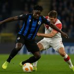 Mamadou Diakhon van Club Brugge reageert na de Champions League-wedstrijd tegen Atlético Madrid