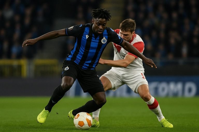 Mamadou Diakhon van Club Brugge reageert na de Champions League-wedstrijd tegen Atlético Madrid