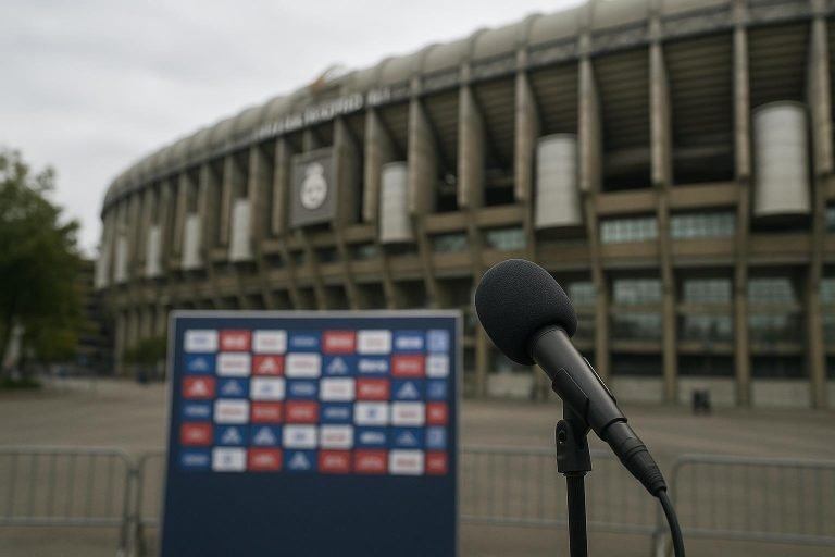 Omgeving rond een stadion bij een wedstrijd van Real Madrid in Europese context, zonder herkenbare gezichten.