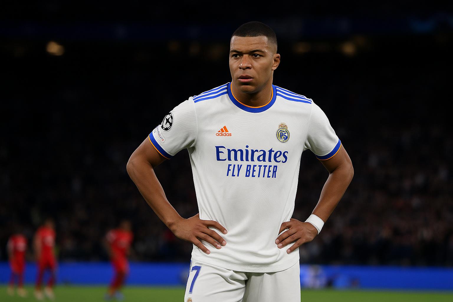 Sfeerbeeld in een Champions League-stadion tijdens een avondmatch, met spelers op de achtergrond zonder herkenbare gezichten.