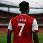 Bukayo Saka van Arsenal in een context rond zijn contractverlenging in het Emirates Stadium.