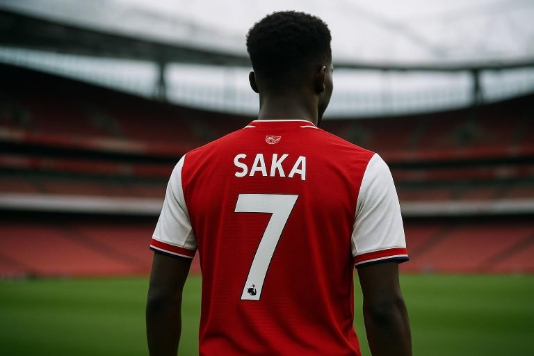 Bukayo Saka van Arsenal in een context rond zijn contractverlenging in het Emirates Stadium.