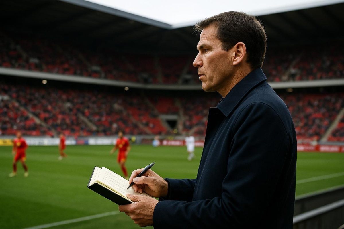 Rudi Garcia volgt een wedstrijd vanuit de tribune in aanloop naar de WK-selectie van de Rode Duivels
