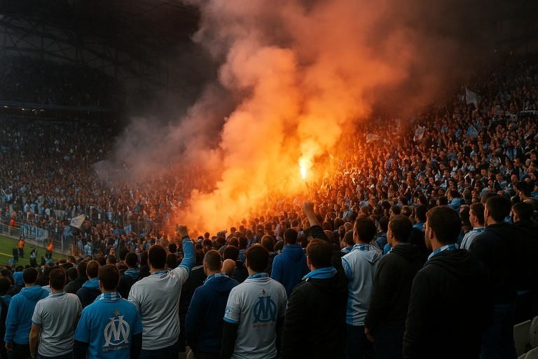 Supportersvakken met rook van pyrotechniek in een stadion, zonder herkenbare gezichten.