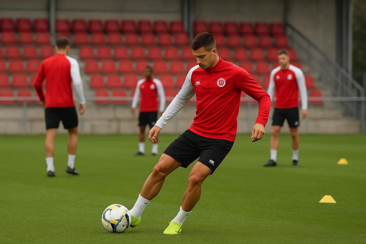 Middenvelder in trainingscontext bij Stade de Reims, met focus op balcontrole zonder herkenbare gezichten.
