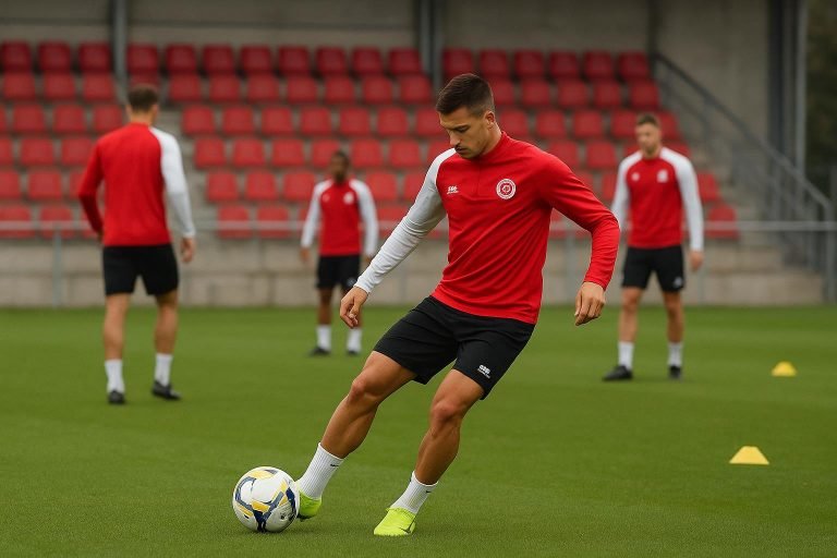 Middenvelder in trainingscontext bij Stade de Reims, met focus op balcontrole zonder herkenbare gezichten.