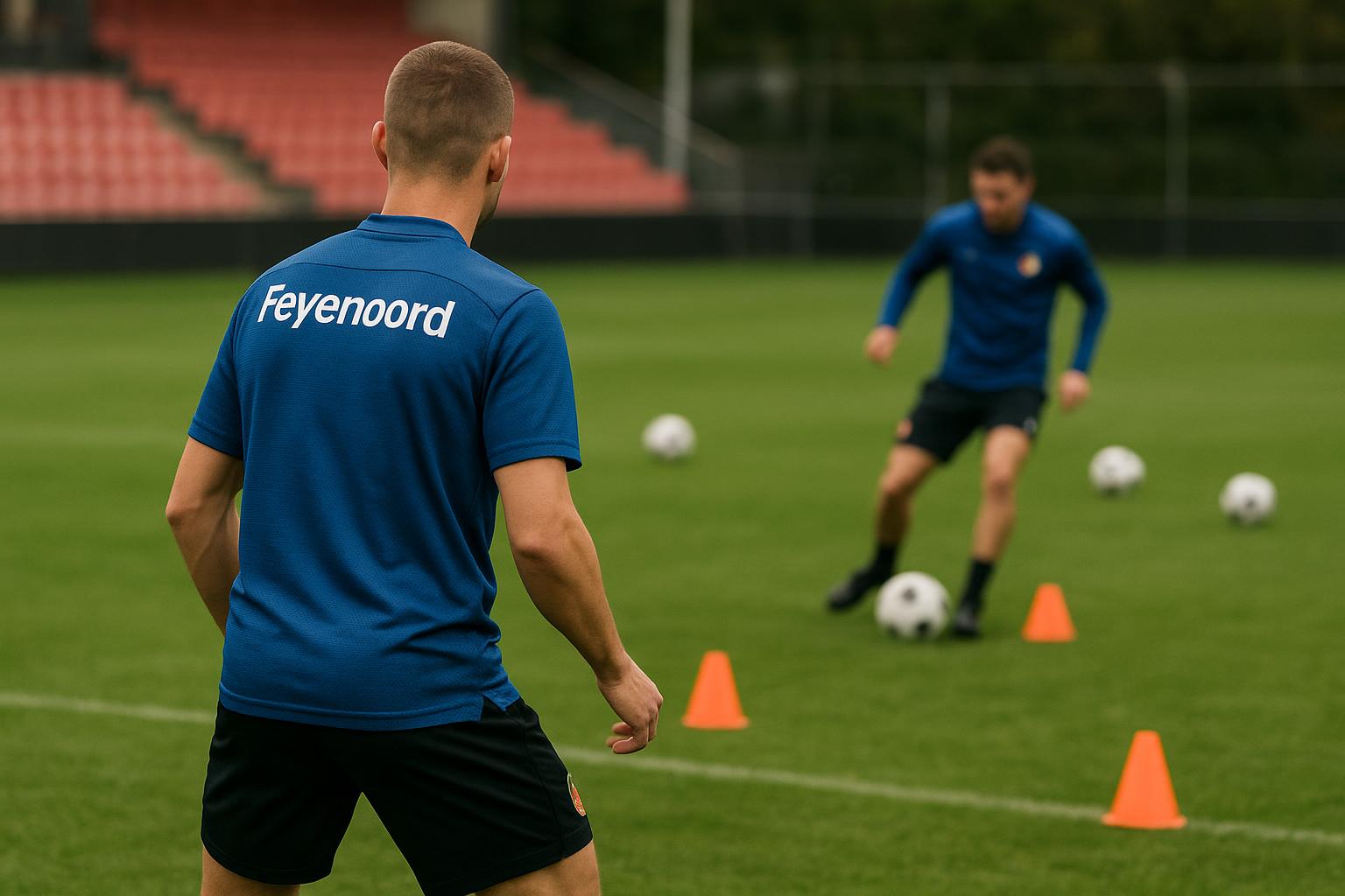 Een speler op het trainingsveld van Feyenoord, zonder herkenbare gezichten