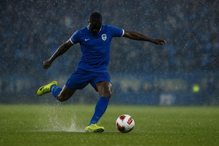 Spelers van KRC Genk vieren op een nat veld na de zege bij Dinamo Zagreb in de Europa League.