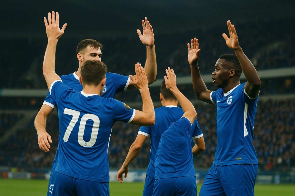 Spelers van KRC Genk vieren samen na een doelpunt in de Europa League