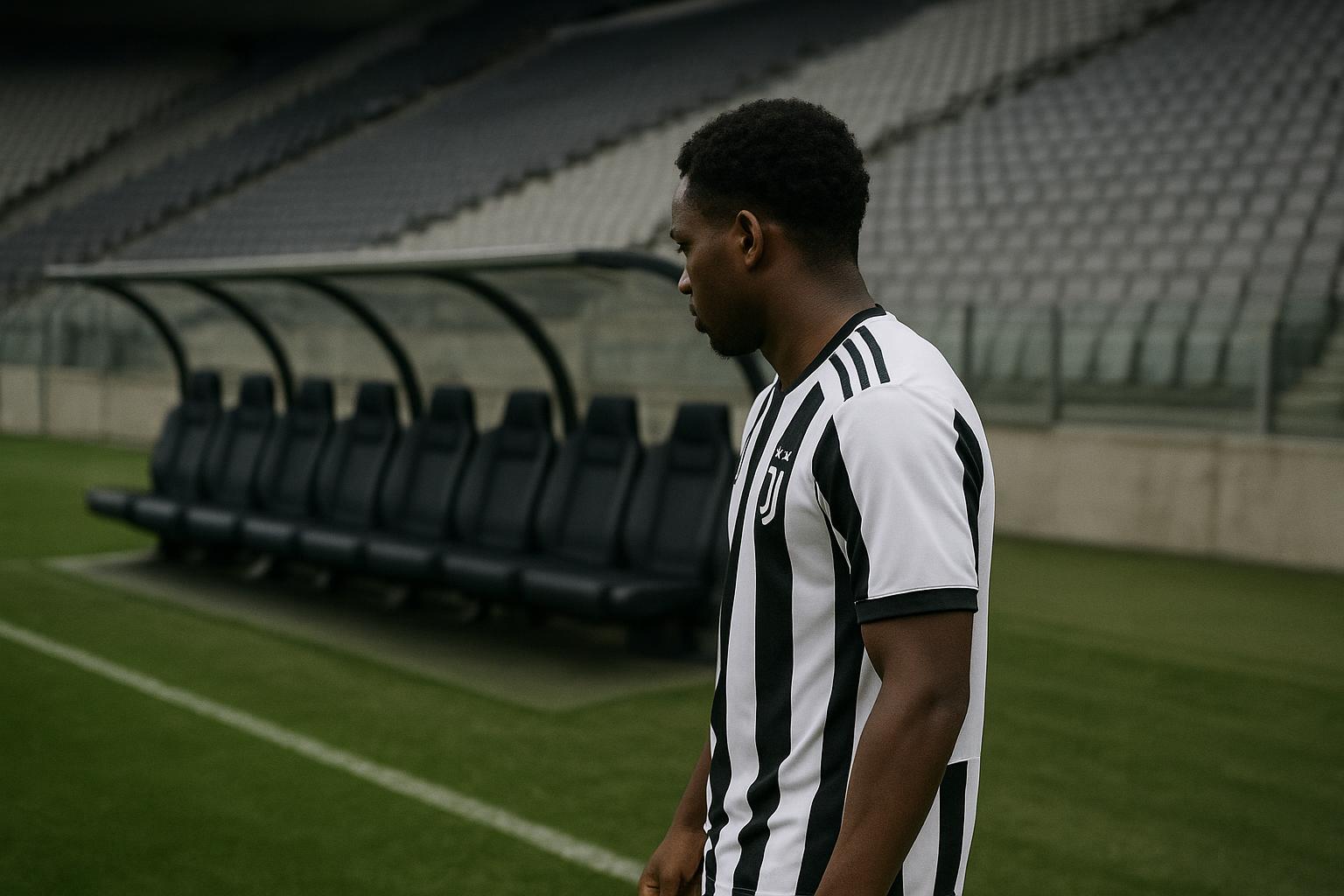 Loïs Openda in Juventus-tenue tijdens een wedstrijdmoment, zichtbaar teleurgesteld.