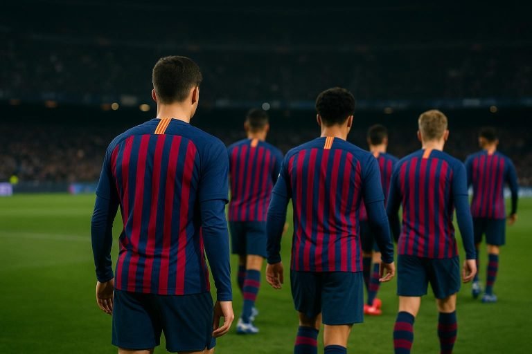 Spelers van FC Barcelona vieren samen in het stadion, in een sfeerbeeld bij transfernieuws.