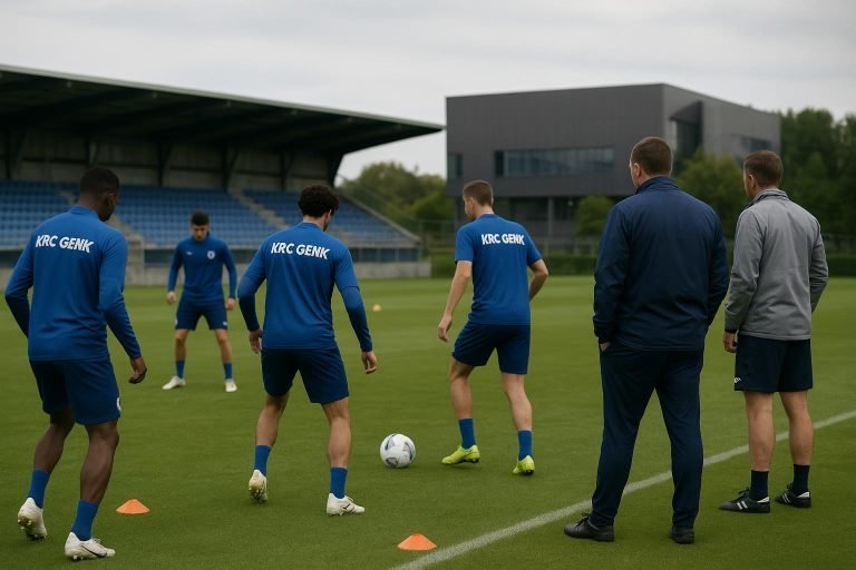 Spelers van KRC Genk op training terwijl de staf toekijkt, in aanloop naar de competitie.