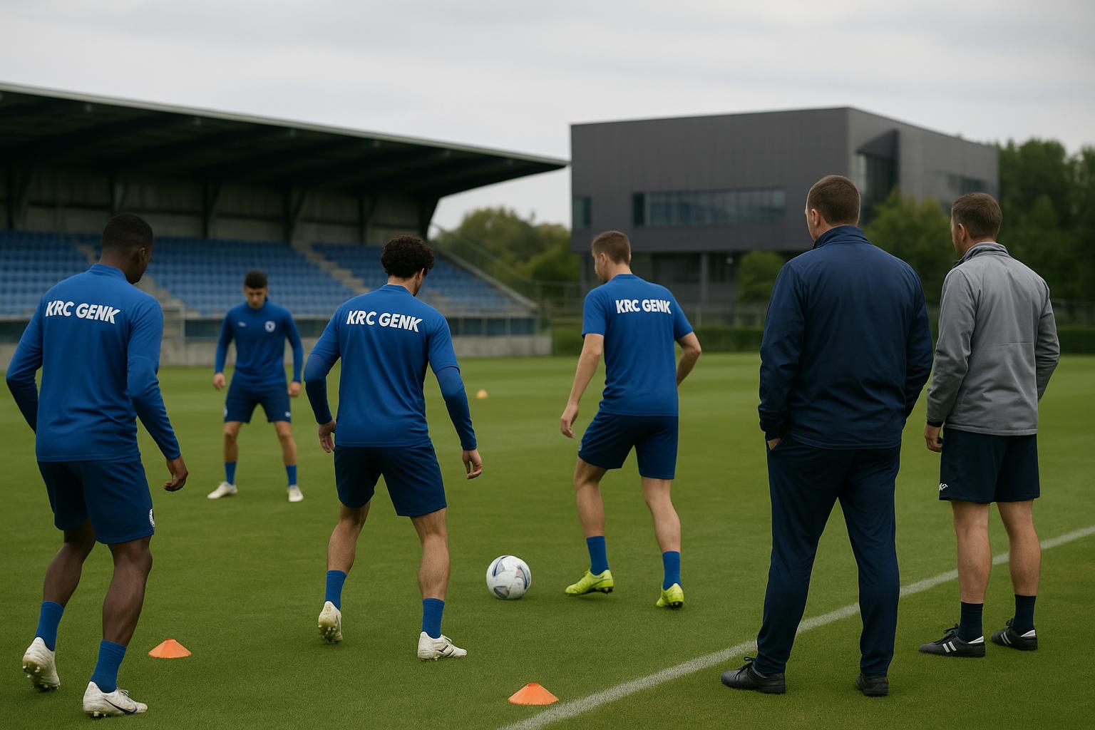 Spelers van KRC Genk op training terwijl de staf toekijkt, in aanloop naar de competitie.