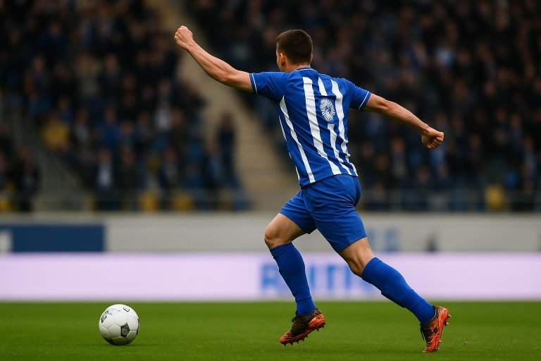 Actiefoto van Max Dean in het shirt van KAA Gent tijdens een wedstrijd, met focus op de actie en zonder herkenbare gezichten.