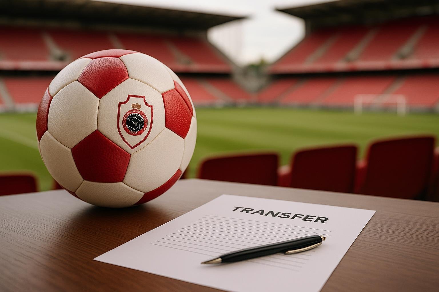 Een voetbal in een stadionomgeving die verwijst naar Royal Antwerp FC en een transferdossier rond George Ilenikhena