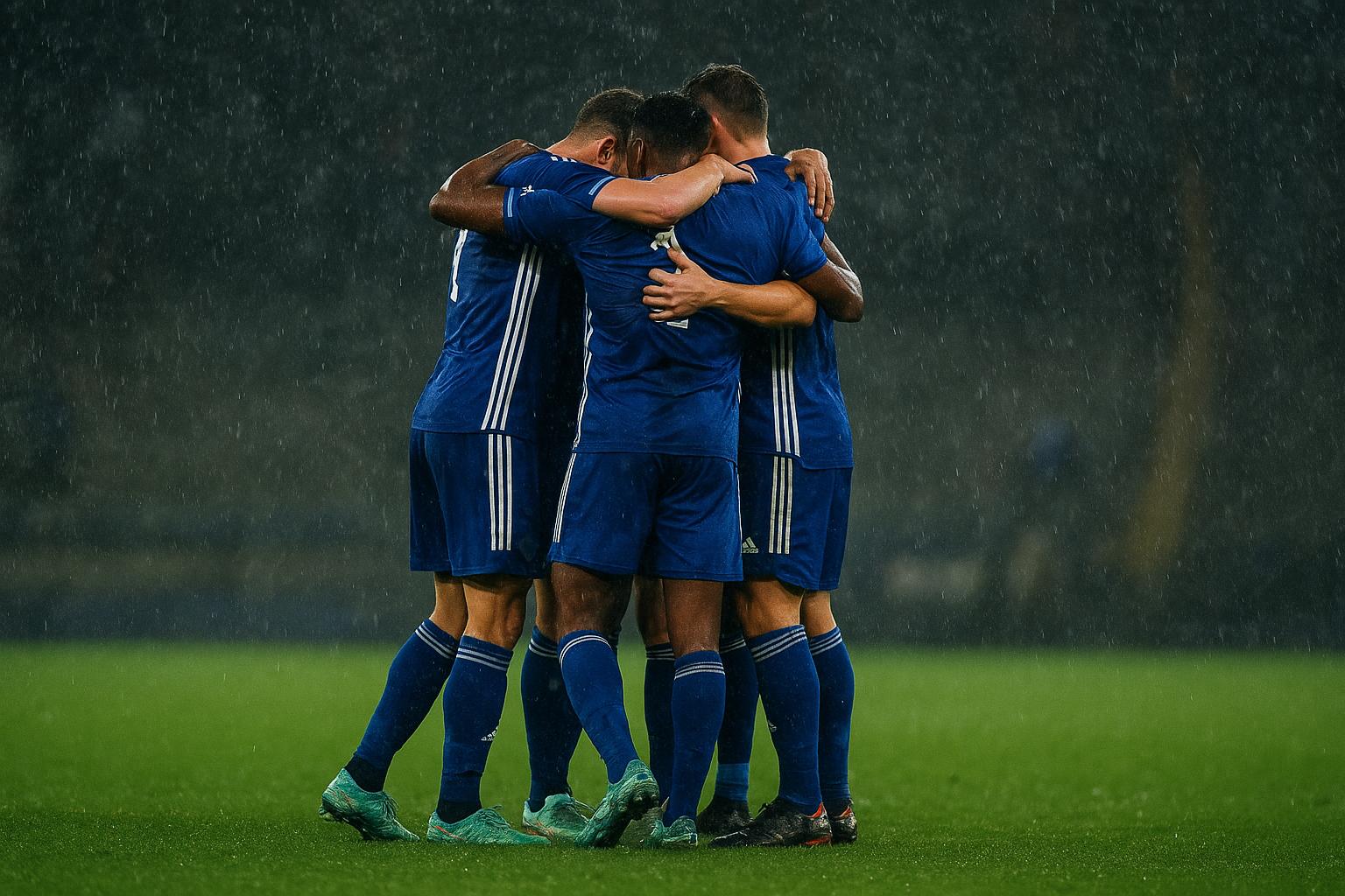 Spelers van KRC Genk vieren de 1-3 zege in Zagreb in de regen