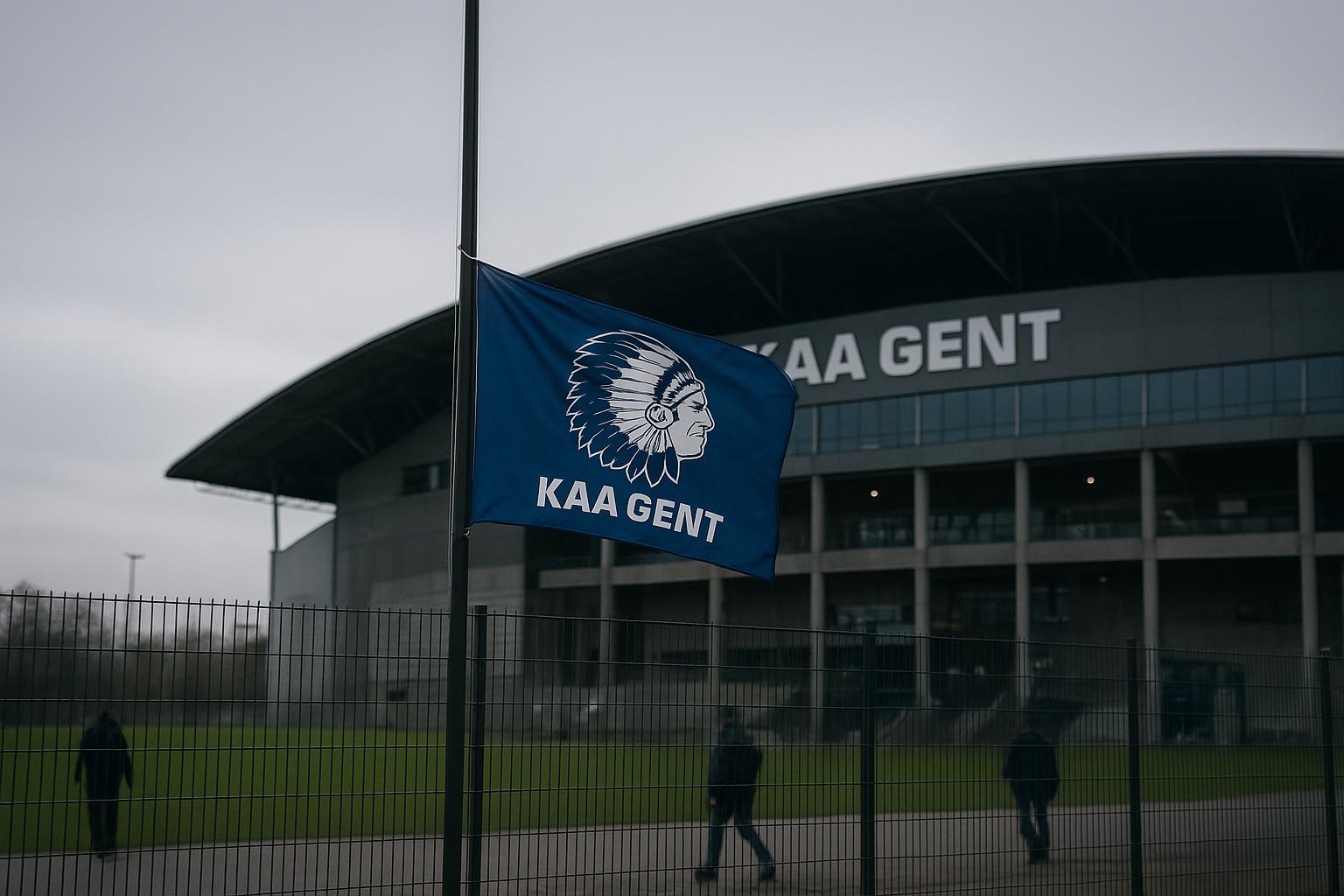 Sfeervol beeld rond het stadion van KAA Gent in een ingetogen rouwcontext