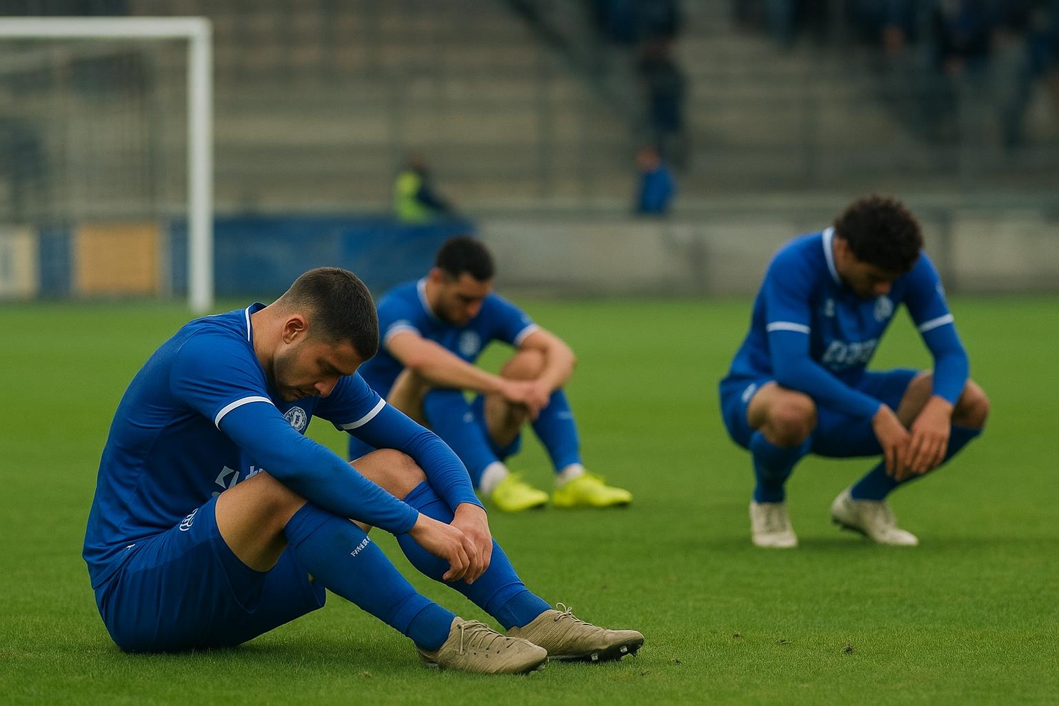 KAA Gent-spelers reageren teleurgesteld na het gelijkspel op het veld van La Louvière
