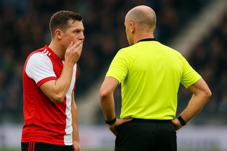 Arbiter en spelers in overleg op het veld, met een speler die zijn mond bedekt.