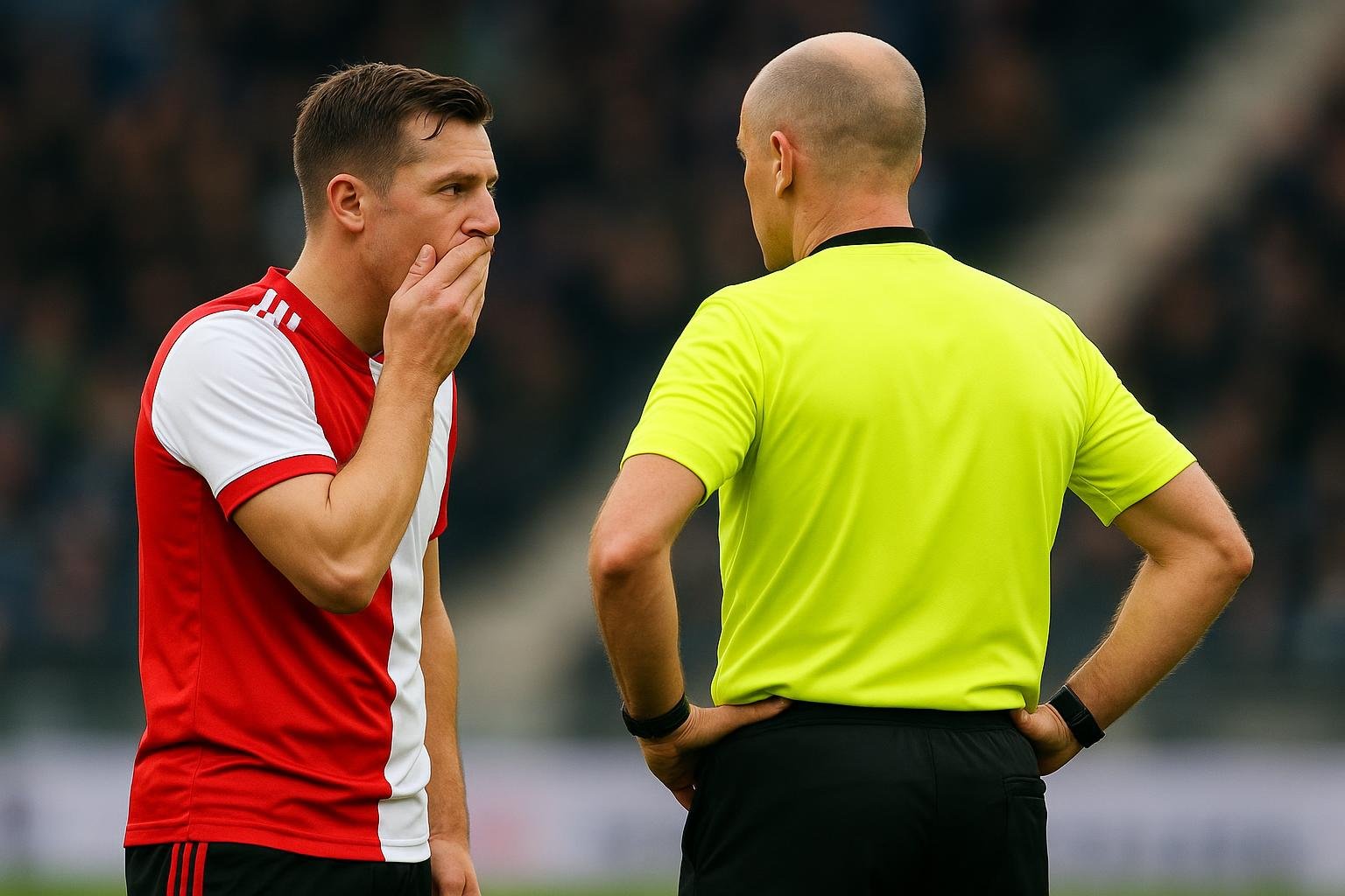 Arbiter en spelers in overleg op het veld, met een speler die zijn mond bedekt.
