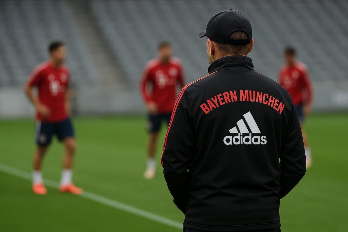 Vincent Kompany bij Bayern München in een trainingscontext, met focus op transfergeruchten rond het middenveld.