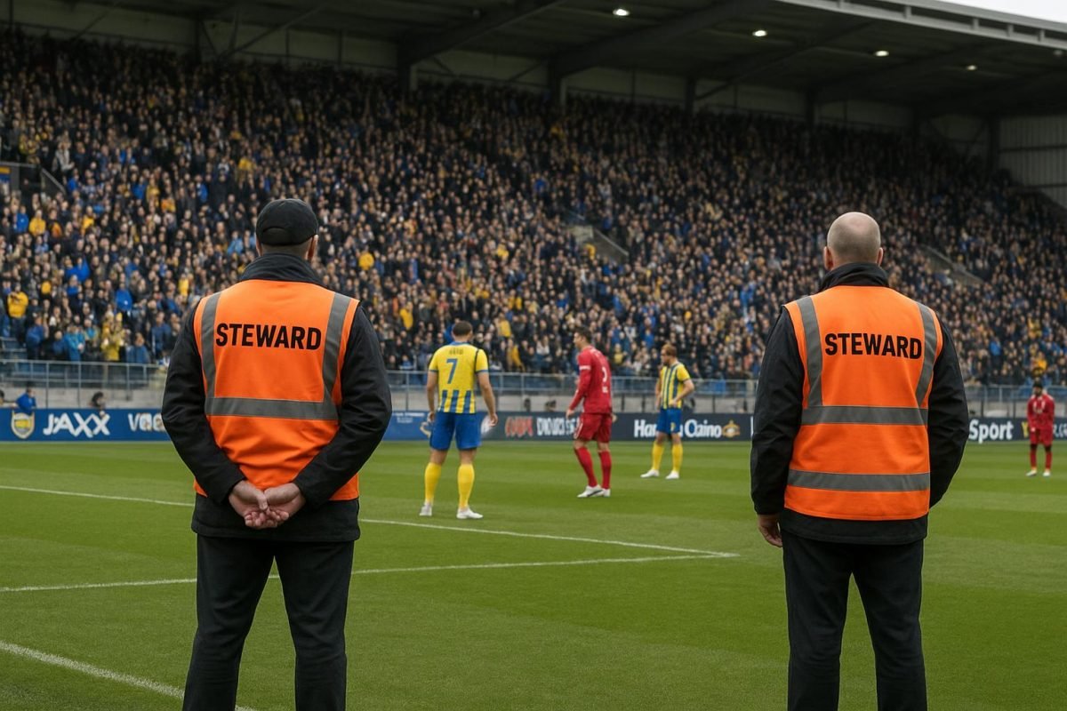 Sfeerbeeld uit het stadion in Leeuwarden tijdens de chaotische slotfase van SC Cambuur tegen Jong AZ